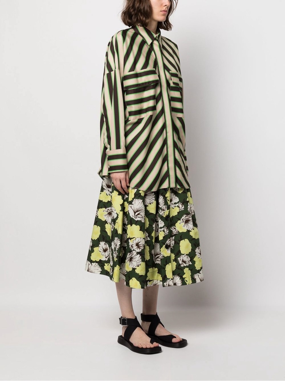 MSGM Striped Button-Up Shirt in Cream, Brown & Green